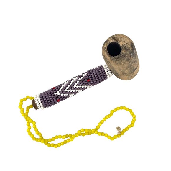 Vintage Wooden Beaded Pipe With Yellow Bead Strap - Picture 3 of 7